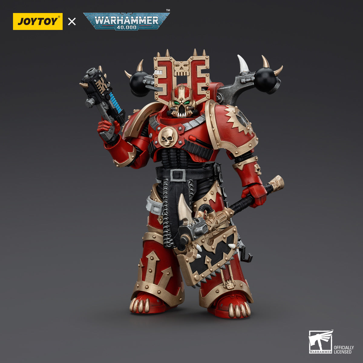 World Eaters Khorne Berzerker, front view. The Khorne Berzerker stands in a battle-ready stance, armed with a chainaxe and a bolt pistol.