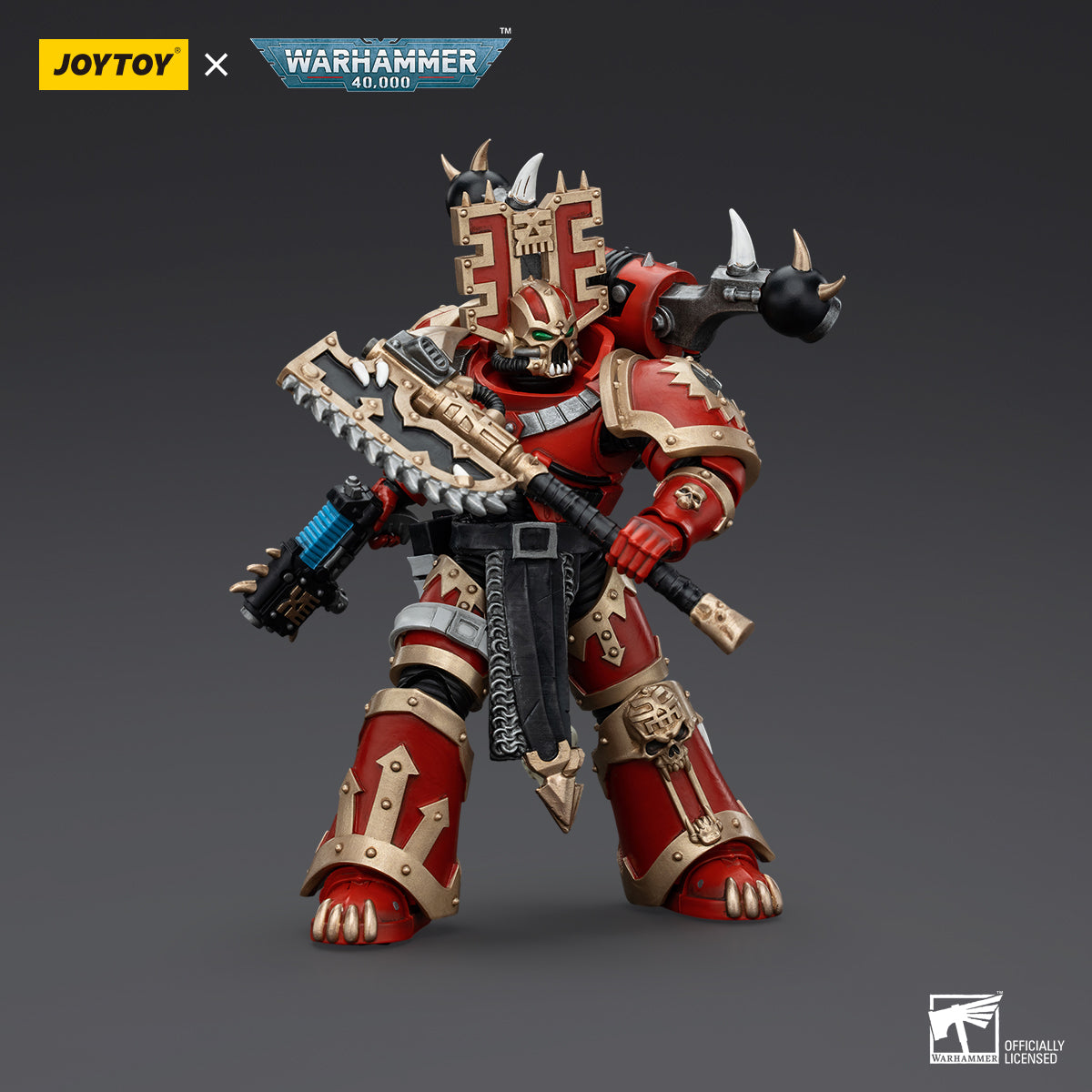 Side view of World Eaters Khorne Berzerker, showcasing the profile of the warrior as he holds his chainaxe high