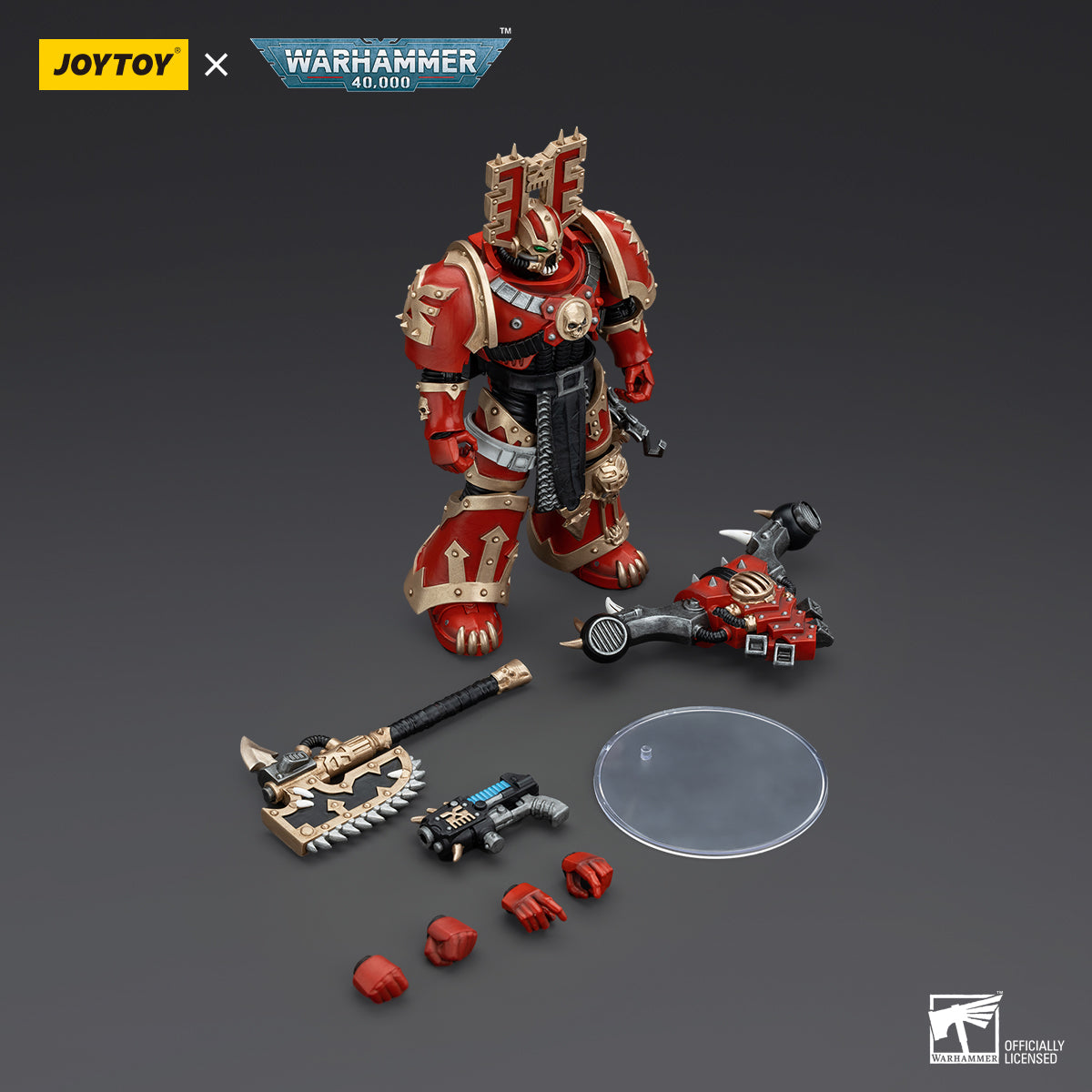Package contents for World Eaters Khorne Berzerker, including the highly detailed Khorne Berzerker figure, equipped with chainaxe, bolt pistol, and optional parts for customizing the pose and loadout.