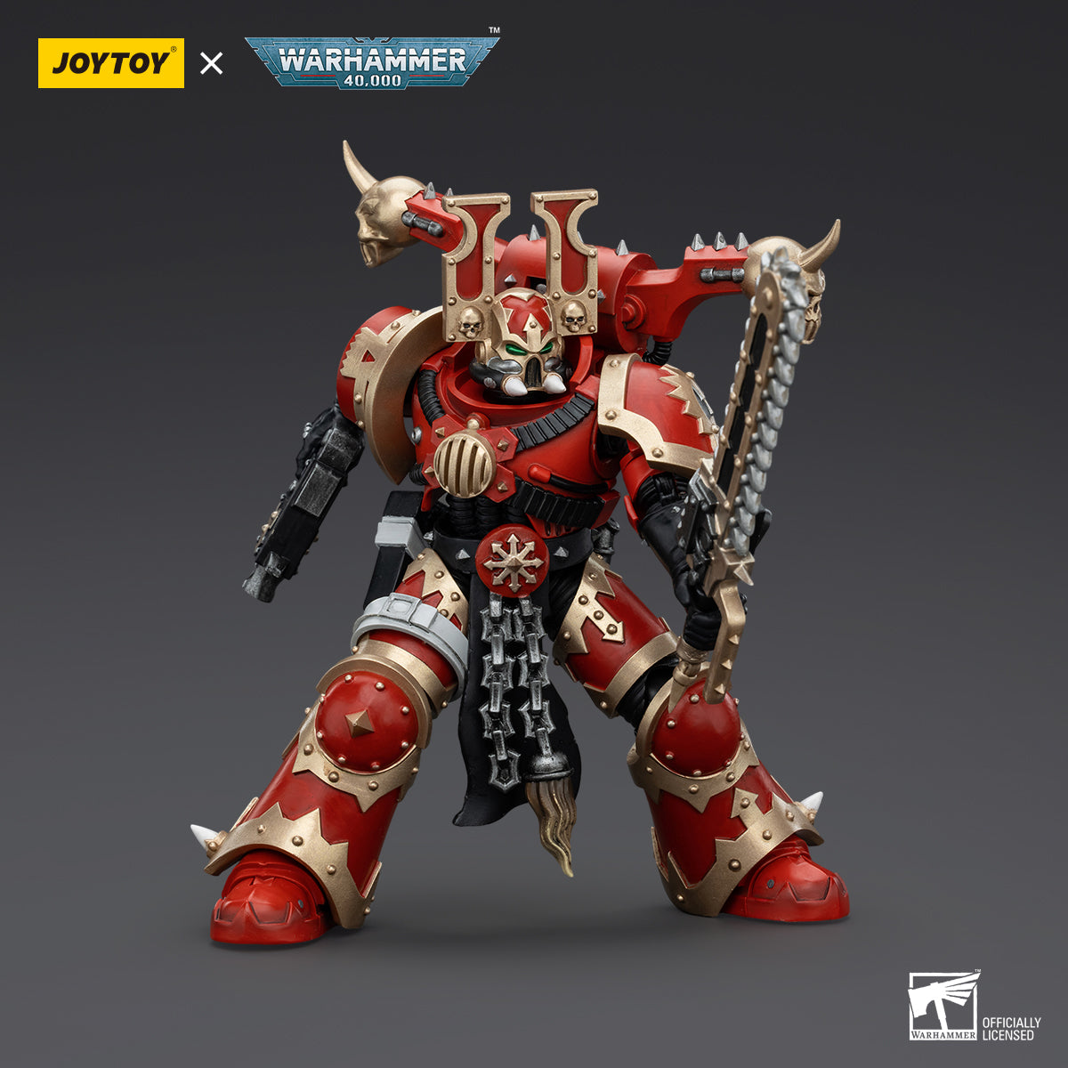 World Eaters Khorne Berzerker in combat pose, mid-charge with his chainblade raised high and bolt pistol drawn.