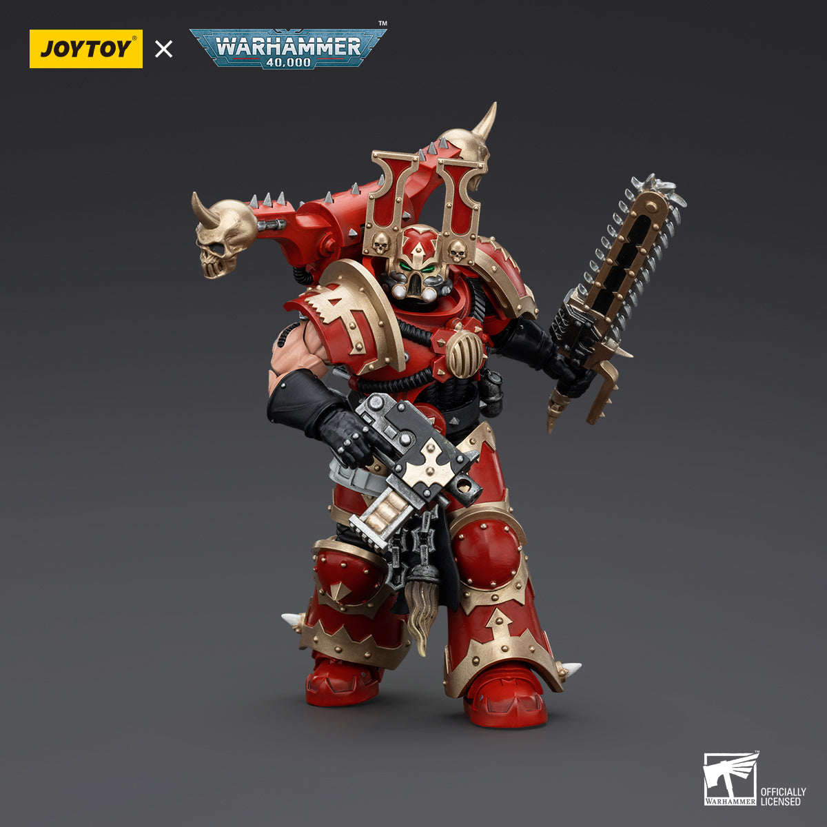 World Eaters Khorne Berzerker in marching pose, moving forward with intense determination.