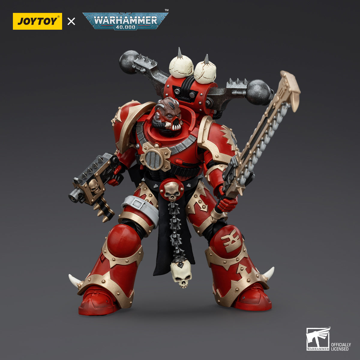 Side view of World Eaters Khorne Berzerker, showcasing the profile of the warrior as he holds his chainaxe high.