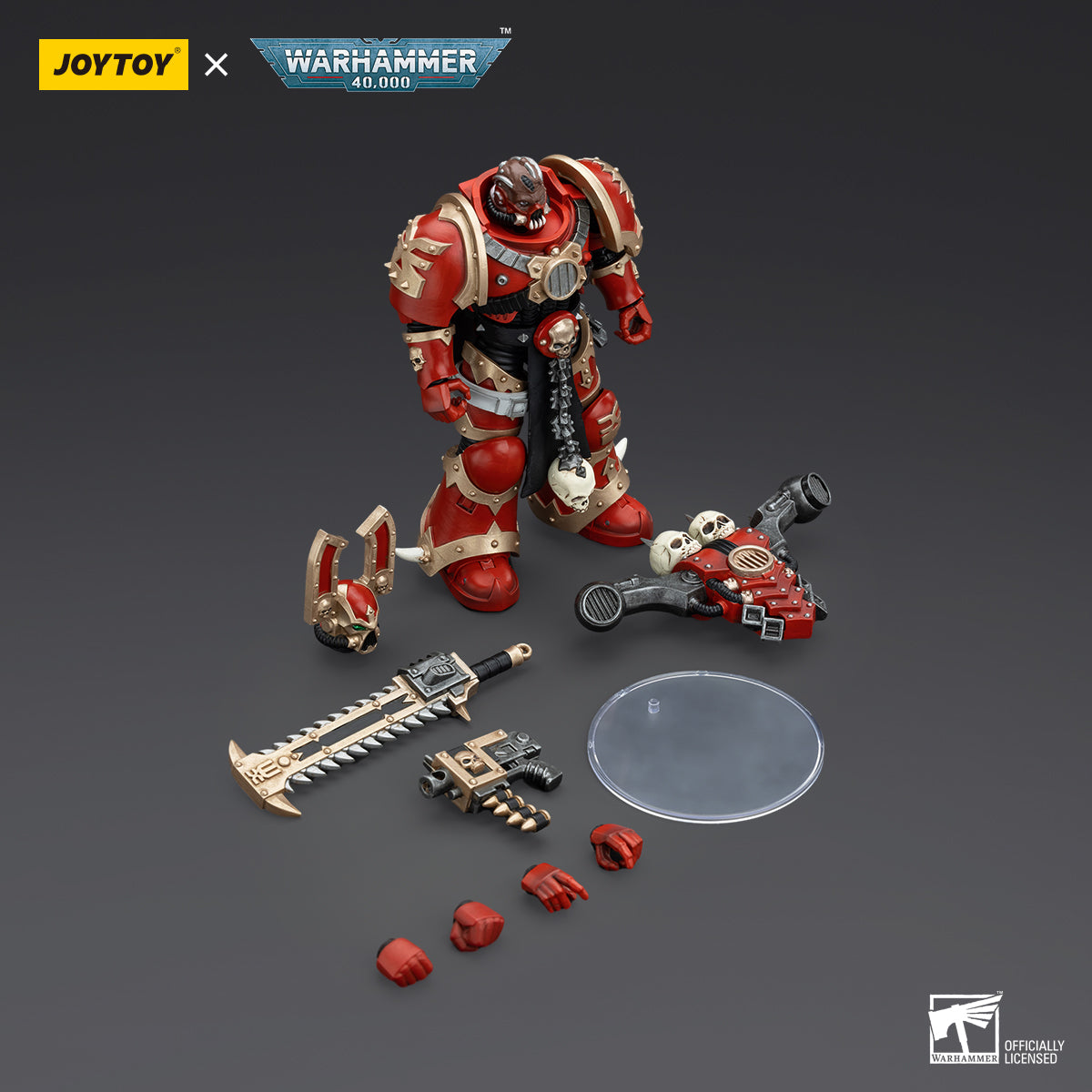 Package contents for World Eaters Khorne Berzerker, including the highly detailed Khorne Berzerker figure, equipped with chainsword, bolt pistol, and optional parts for customizing the pose and loadout.