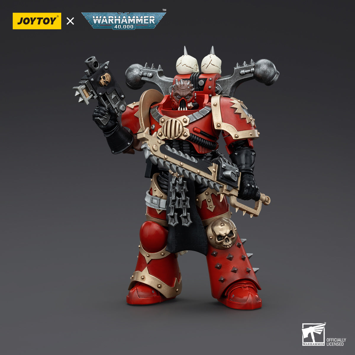 World Eaters Khorne Berzerker, front view. The Khorne Berzerker stands in a battle-ready stance, armed with a chainaxe and a bolt pistol.