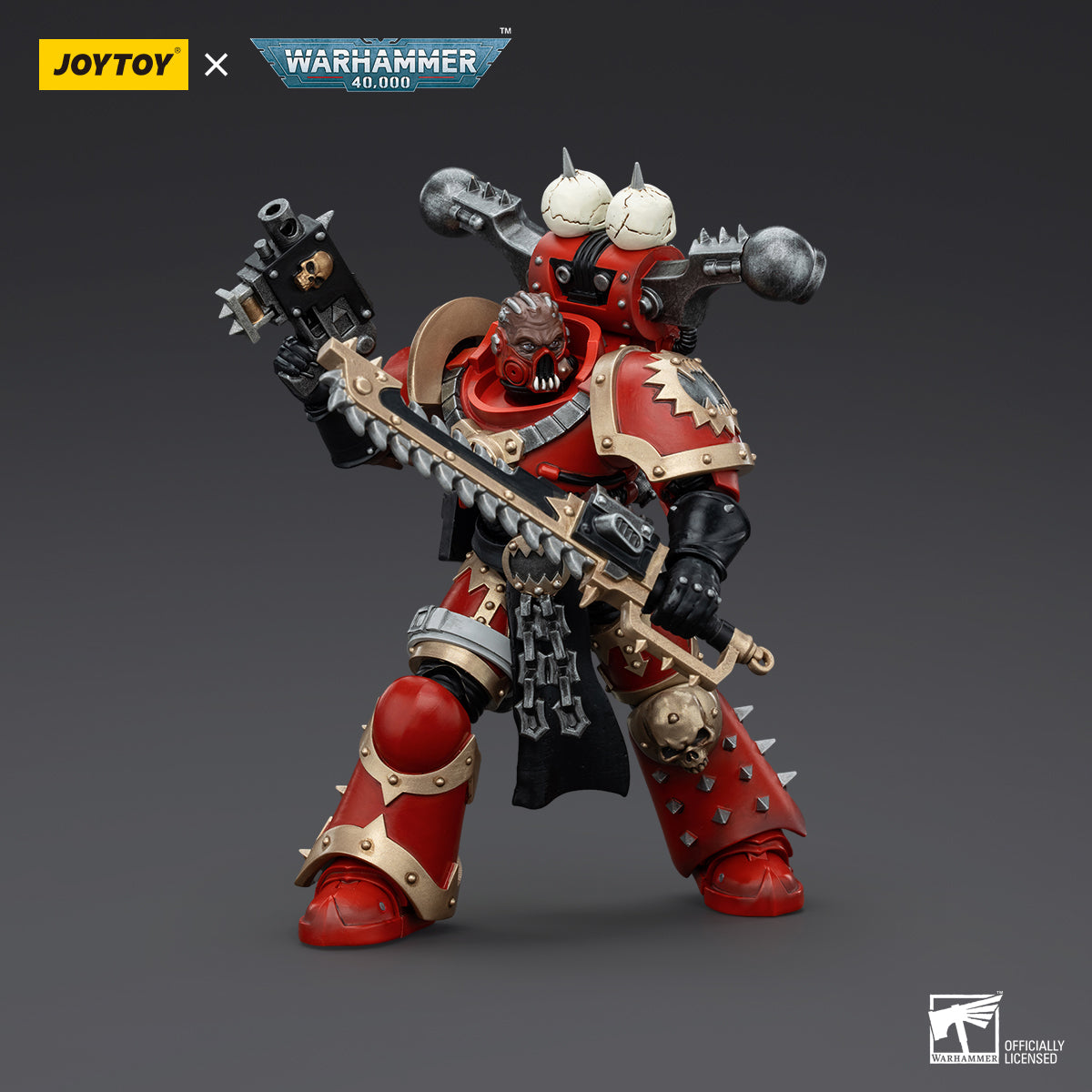 World Eaters Khorne Berzerker in combat pose, mid-charge with his chainaxe raised high and bolt pistol drawn.