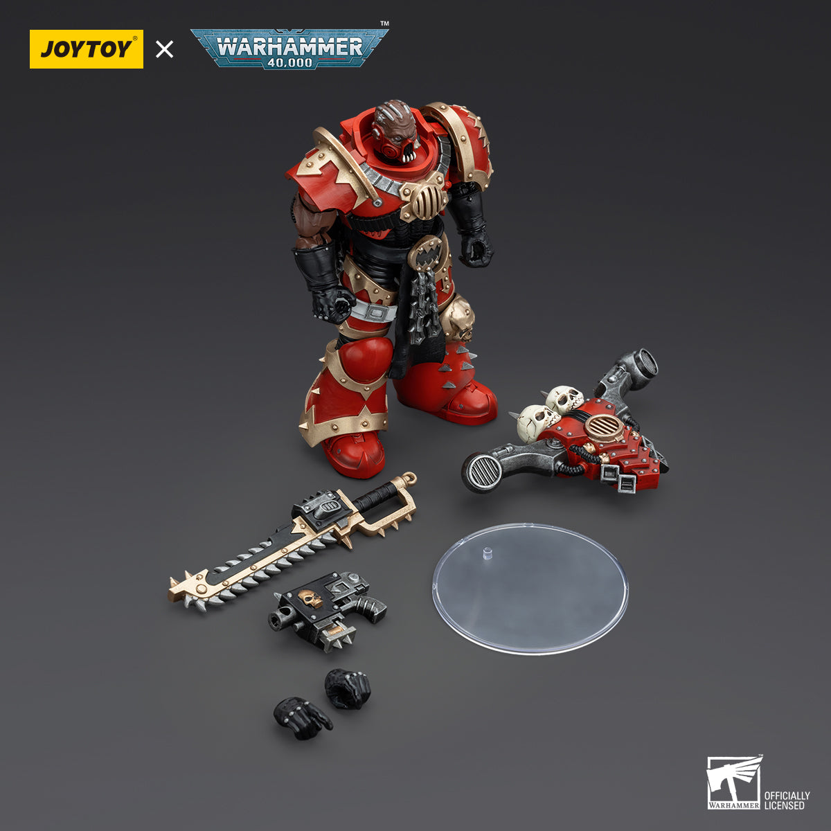 Package contents for World Eaters Khorne Berzerker, including the highly detailed Khorne Berzerker figure, equipped with chainaxe, bolt pistol, and optional parts for customizing the pose and loadout.