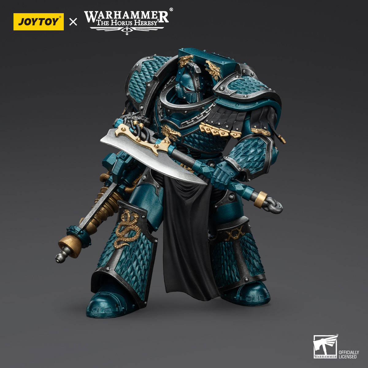 Side view of Alpha Legion Lernaean Terminator wielding a massive Conversion Beam Cannon and ornate axe.
