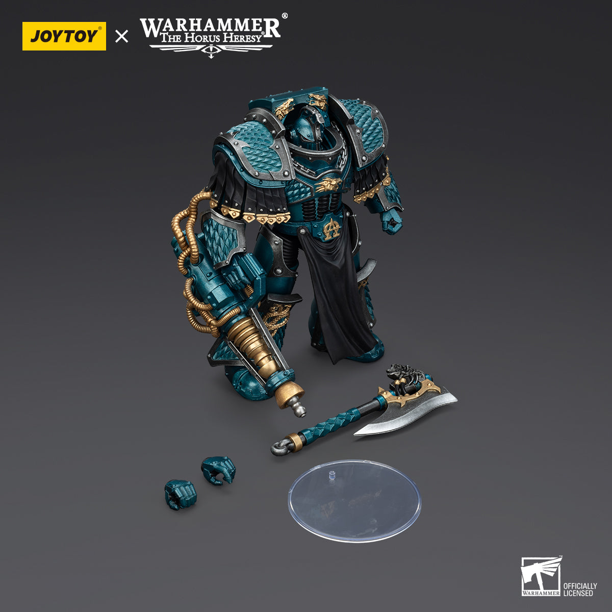 Package contents for Alpha Legion Lernaean Terminator. Includes figure, Conversion Beam Cannon, axe, interchangeable hands, and base.