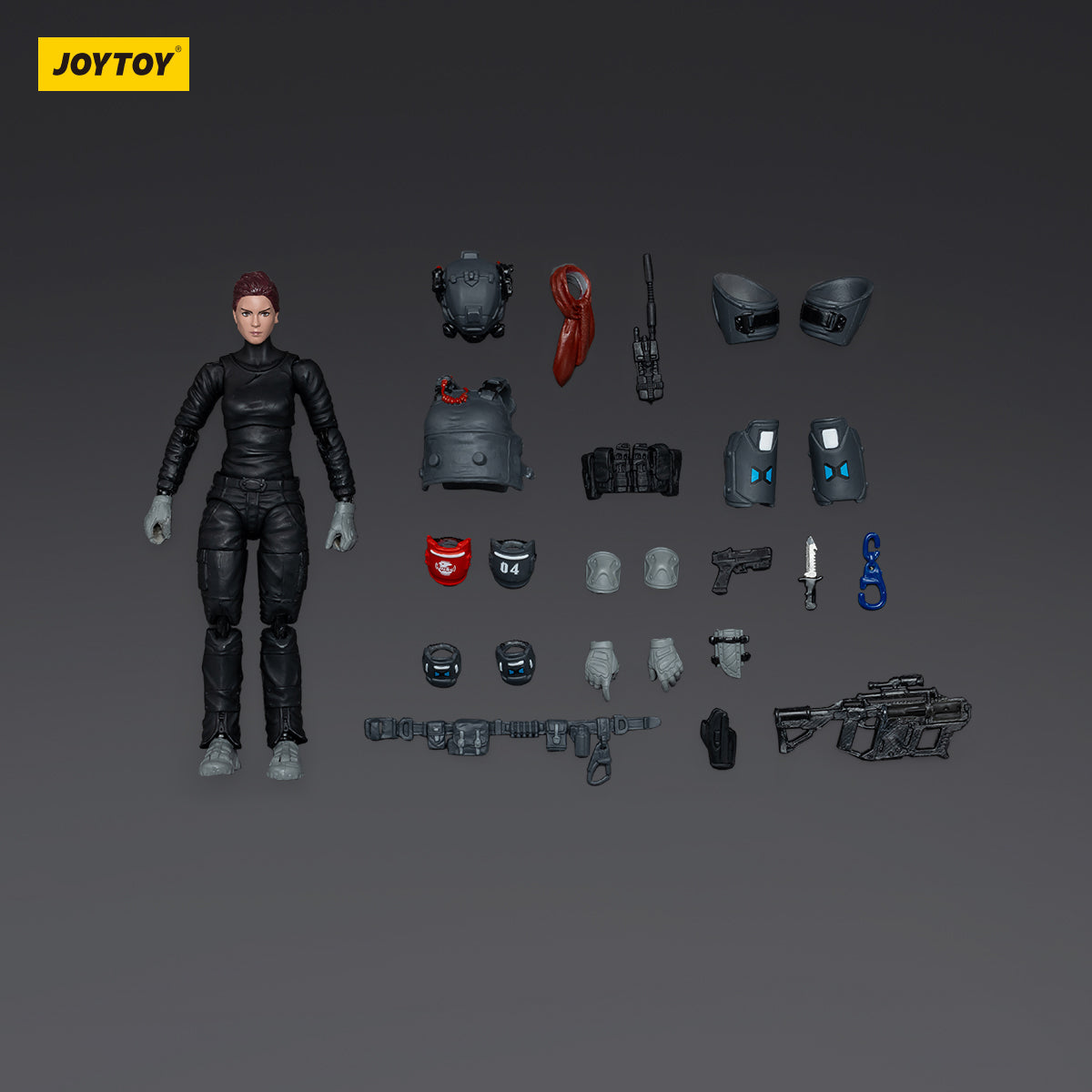 Contents of the Tyrant-04 (City Combat Type) pilot package, including the pilot figure, accessories, and assembly instructions for setting up the pilot.