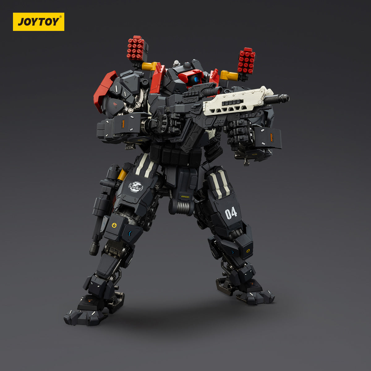Tyrant-04 (City Combat Type) mecha, front view, in combat stance holding a gun. The mecha is prepared for battle, with the gun raised and ready to fire, exuding a powerful and aggressive posture.