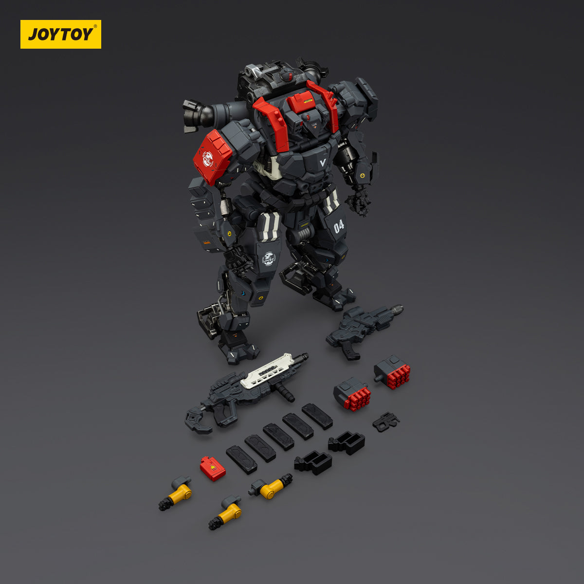 Contents of the Tyrant-04 (City Combat Type) mecha package, including the mecha figure, weaponry, armor components, and assembly instructions for customization.