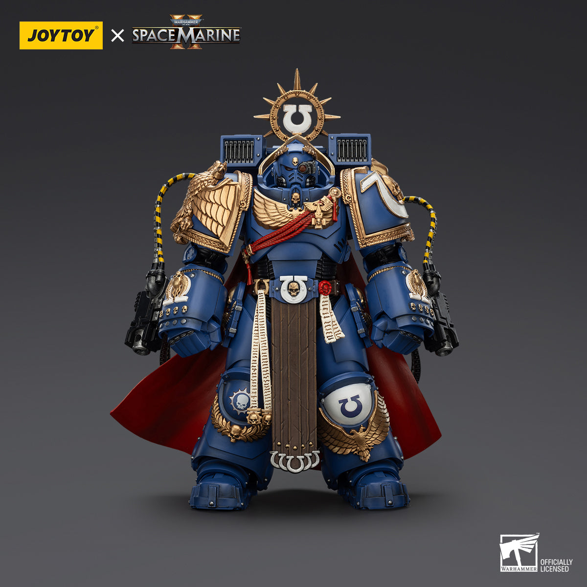 Ultramarines Marneus Calgar, Chapter Master action figure front view, highlighting the detailed armor design, his heroic posture, with hemet on