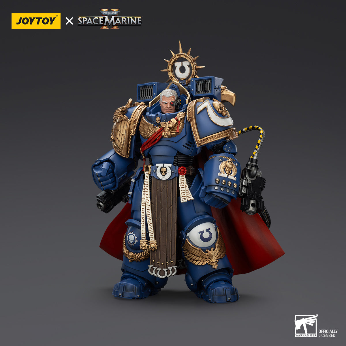Ultramarines Marneus Calgar, Chapter Master action figure side view, highlighting the detailed armor design, his heroic posture