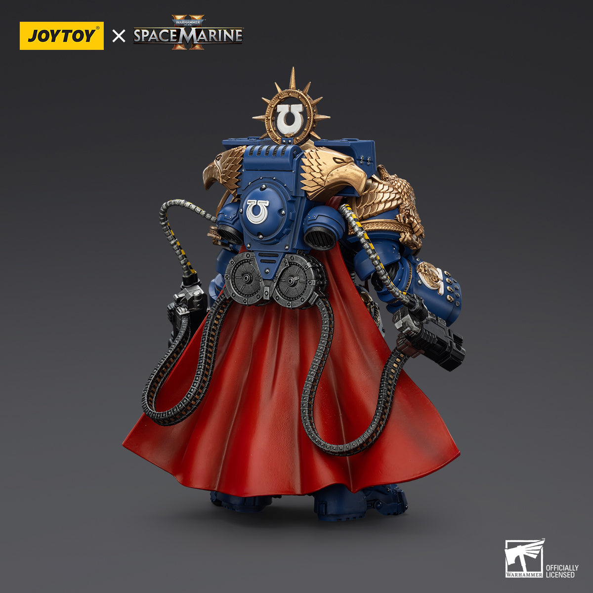 Ultramarines Marneus Calgar, Chapter Master action figure back view, emphasizing the detailed back armor, cape, and weaponry, showcasing intricate detailing of the armor and accessories.
