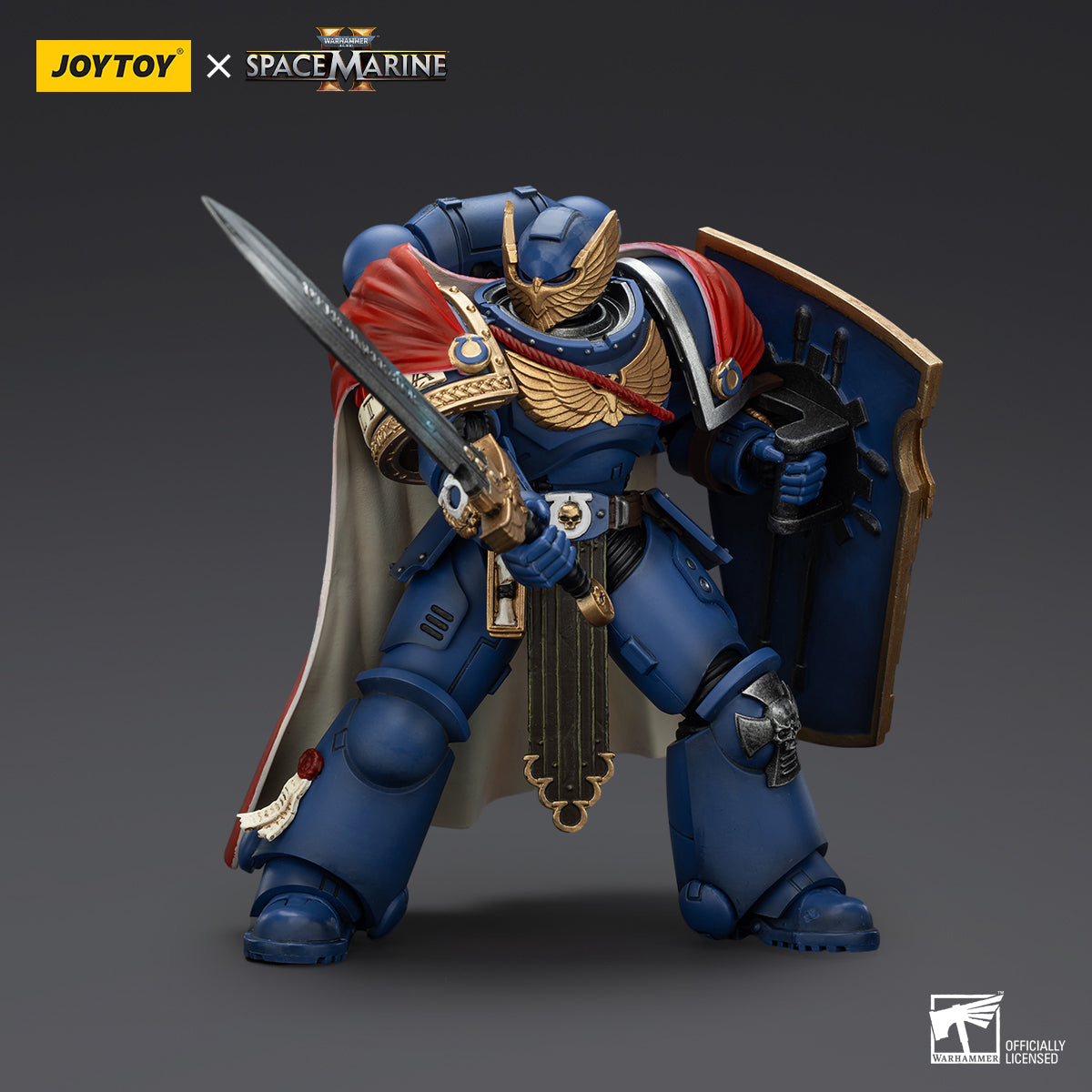 Ultramarines Victrix Honour Guard action figure side view, highlighting the detailed armor design, weapon placement, and dynamic posture, with attention to the detailed pauldrons and waist armor.