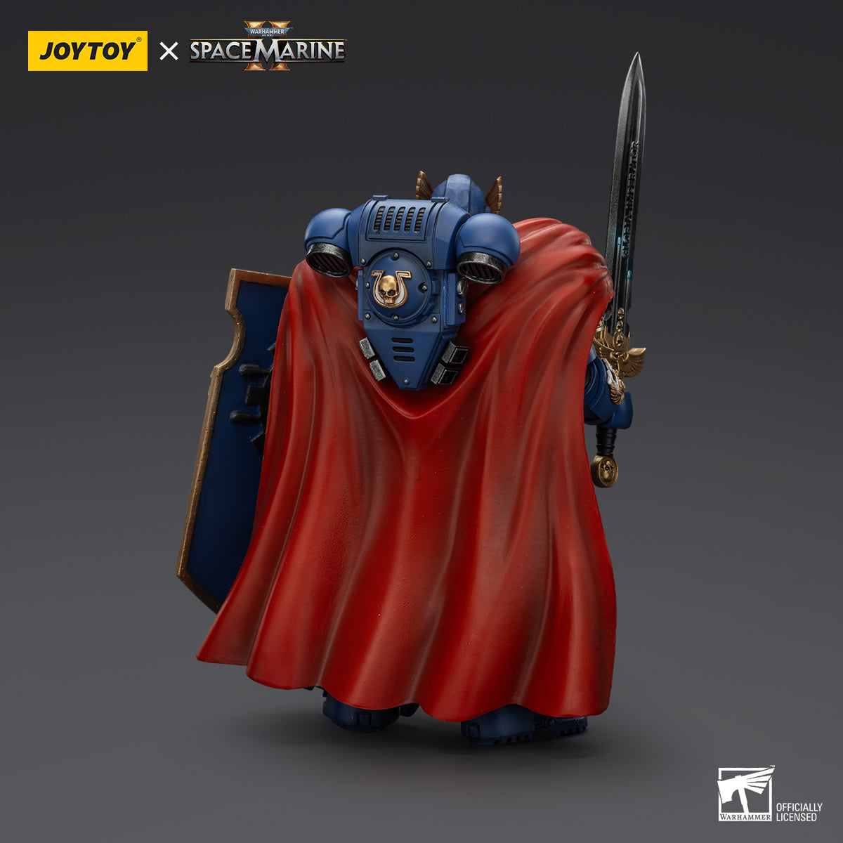 Ultramarines Victrix Honour Guard action figure back view, emphasizing the fine details of the back armor, cape, and intricate weapon attachments or accessories.