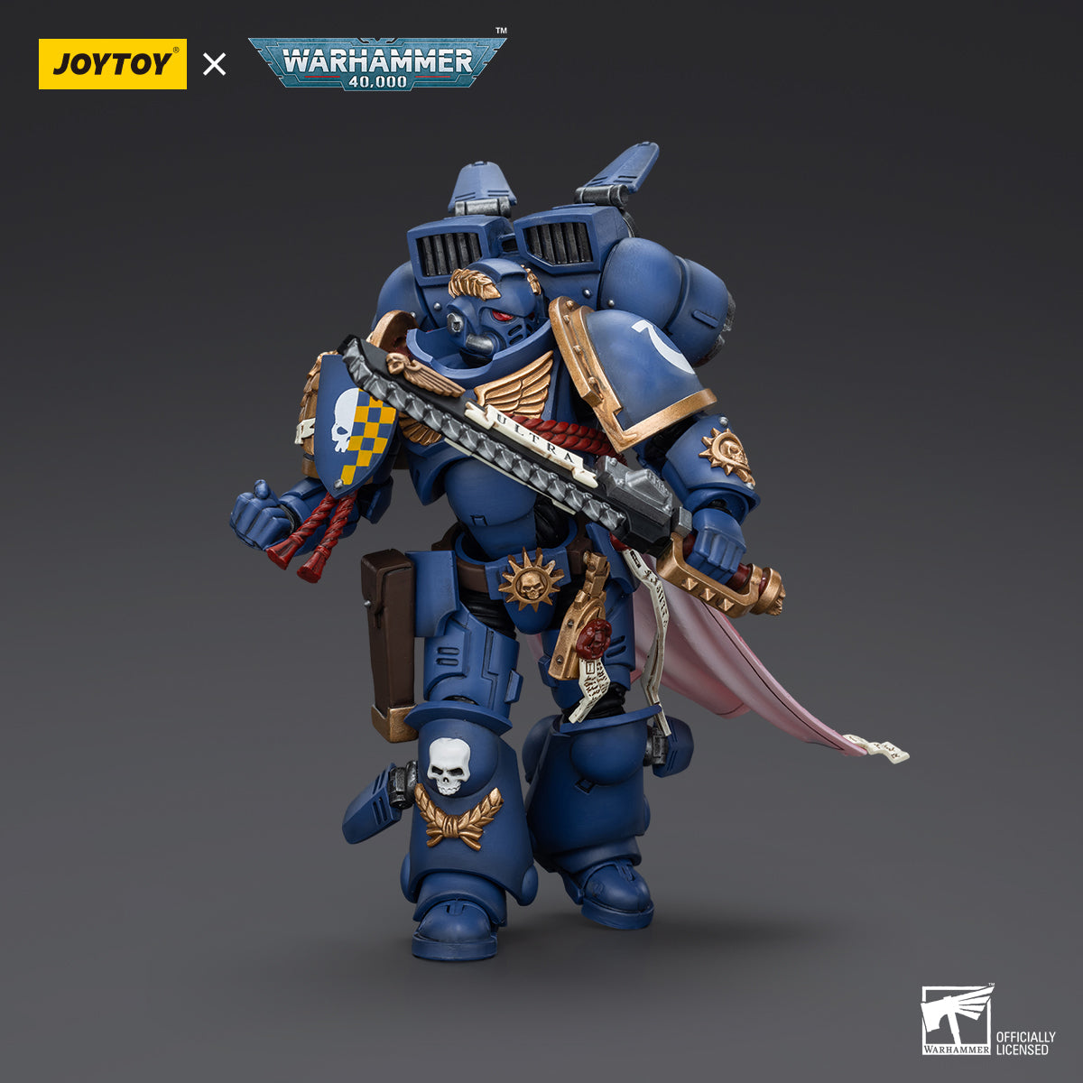 Ultramarines Captain with Jump Pack action figure side view, highlighting the intricate design of the Jump Pack, detailed armor plating, and the figure's commanding posture, prepared for aerial combat.