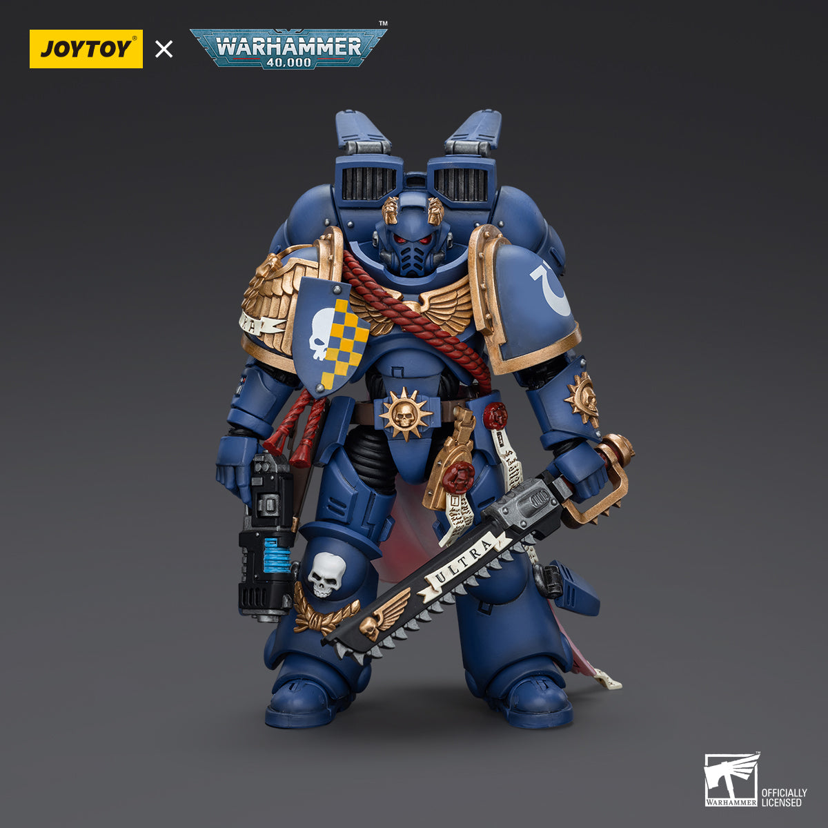 Ultramarines Captain with Jump Pack action figure front view, showcasing his heroic stance with detailed armor, helmet, and the Jump Pack, with the figure ready for battle in a dynamic pose.