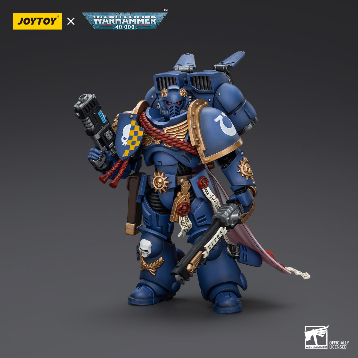 Ultramarines Captain with Jump Pack action figure side view, highlighting the intricate design of the Jump Pack, detailed armor plating, and the figure's commanding posture, prepared for aerial combat.