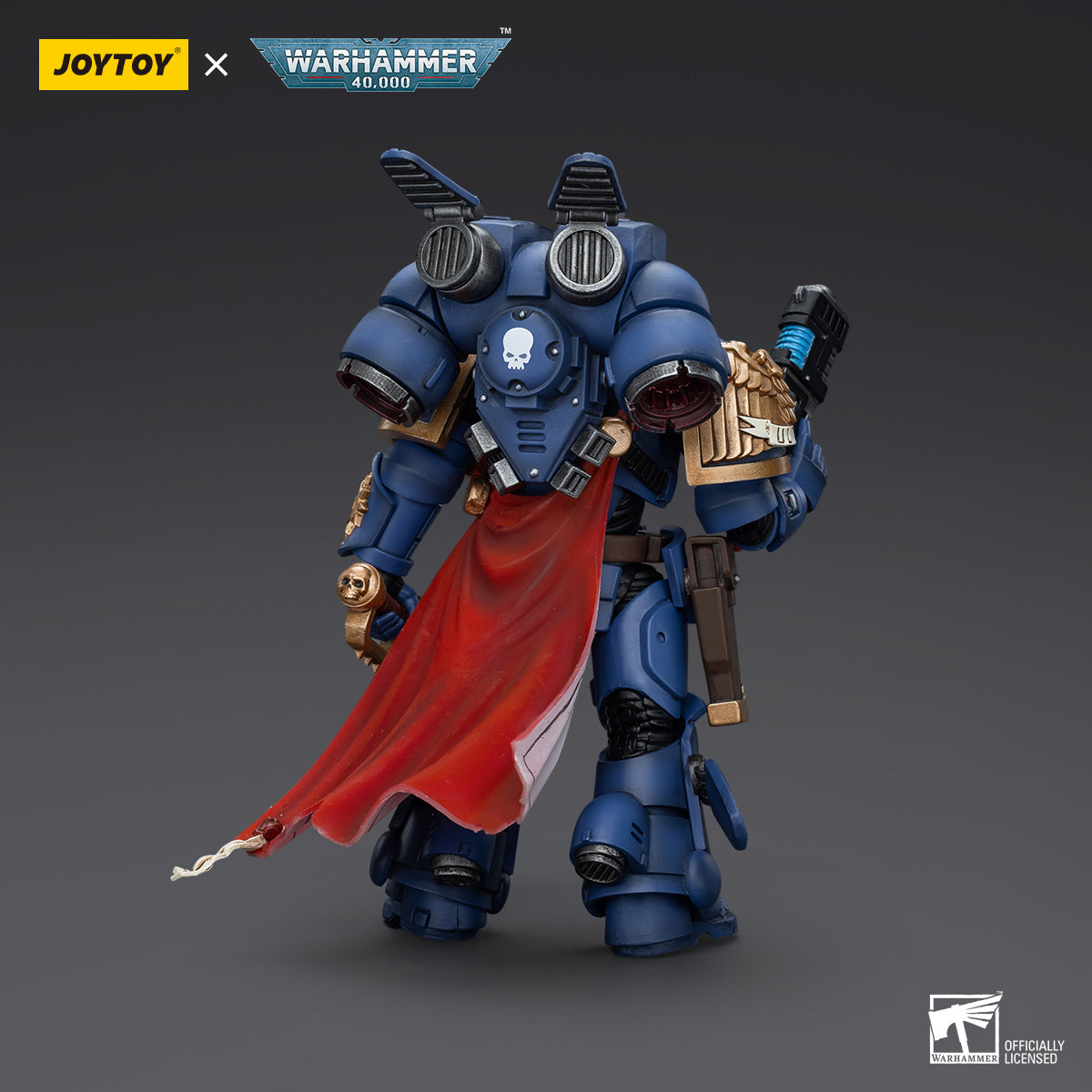 Ultramarines Captain with Jump Pack action figure back view, emphasizing the detailed Jump Pack and back armor design, with focus on the flight mechanisms and intricate sculpting of the figure's equipment.