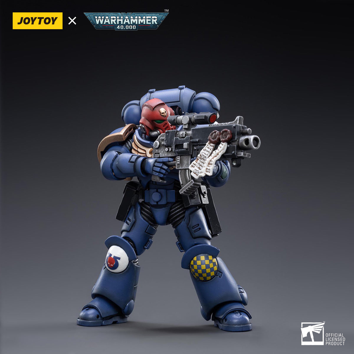 Ultramarines Veteran Sergeant Castor in a dynamic combat pose, with his power sword raised in a defensive stance, ready to engage the enemy.