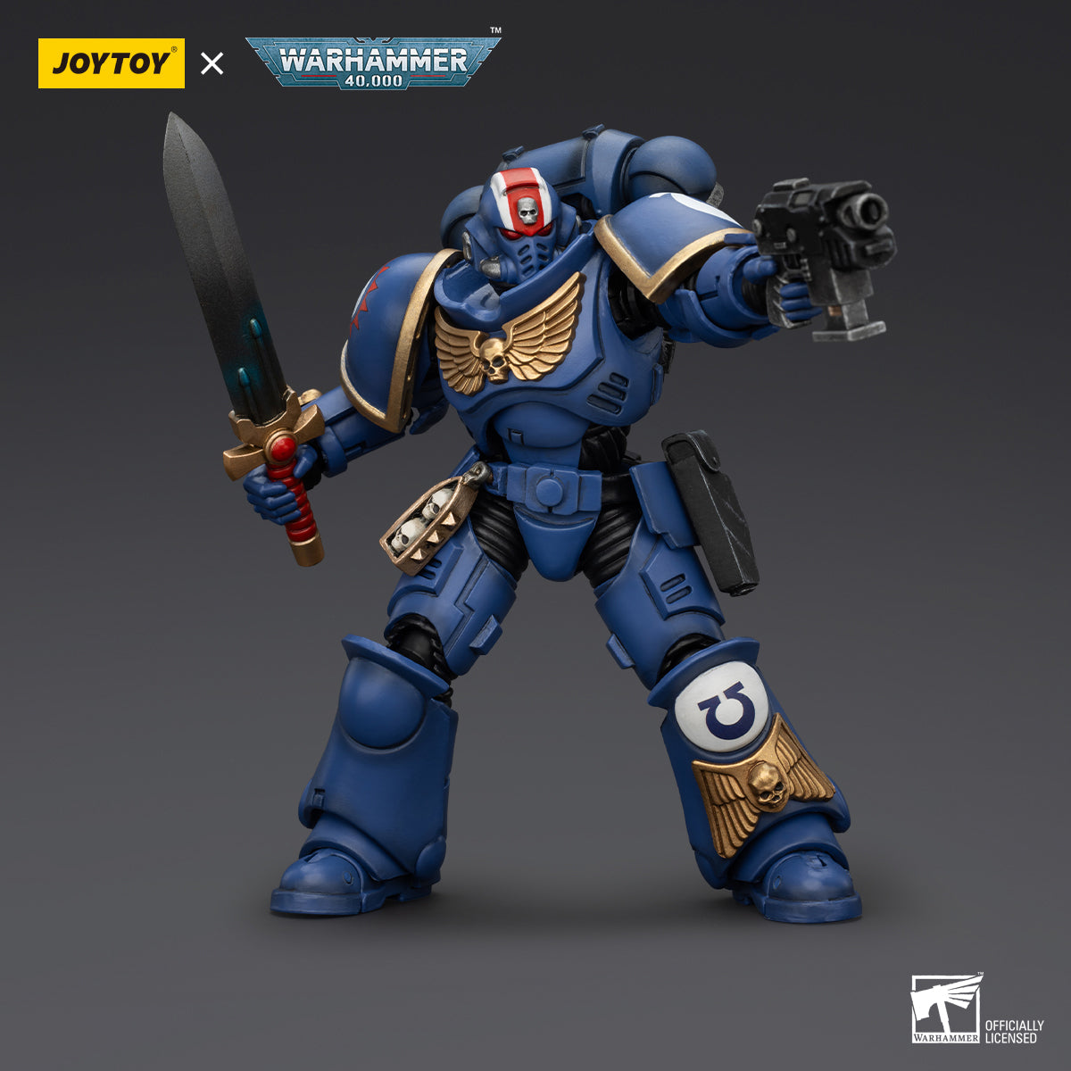 Ultramarines Primaris Lieutenant Erastus in an action-ready combat pose, holding his power sword in front of him, poised for battle. His posture is aggressive yet controlled, showing his ability to lead in the heat of combat.