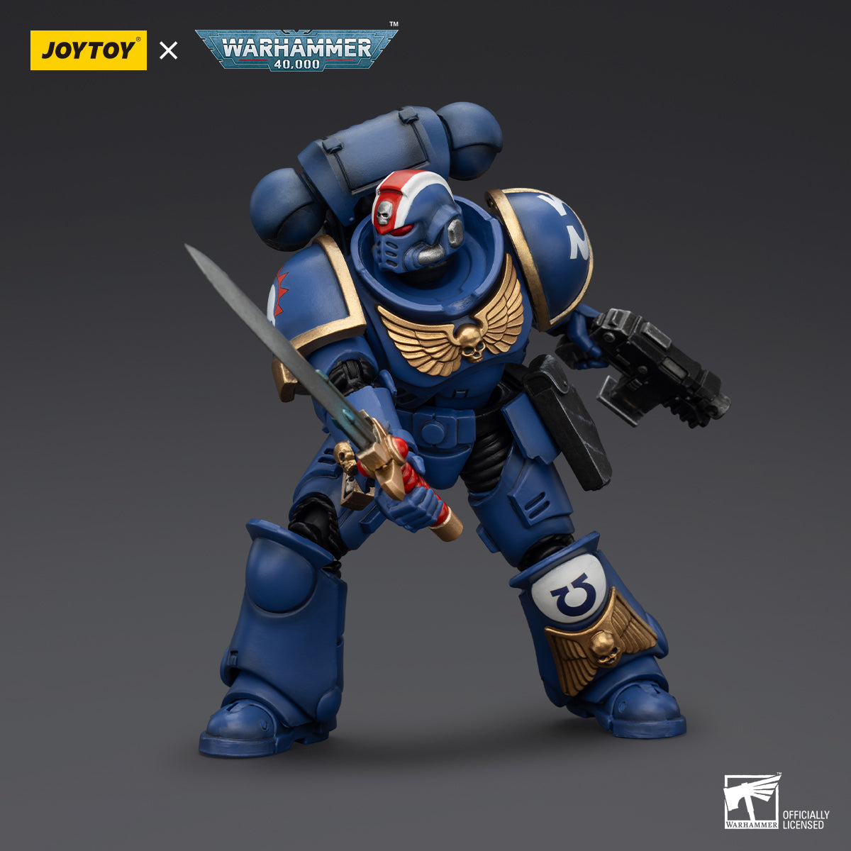Ultramarines Primaris Lieutenant Erastus in an action-ready combat pose, holding his power sword in front of him, poised for battle. His posture is aggressive yet controlled, showing his ability to lead in the heat of combat.