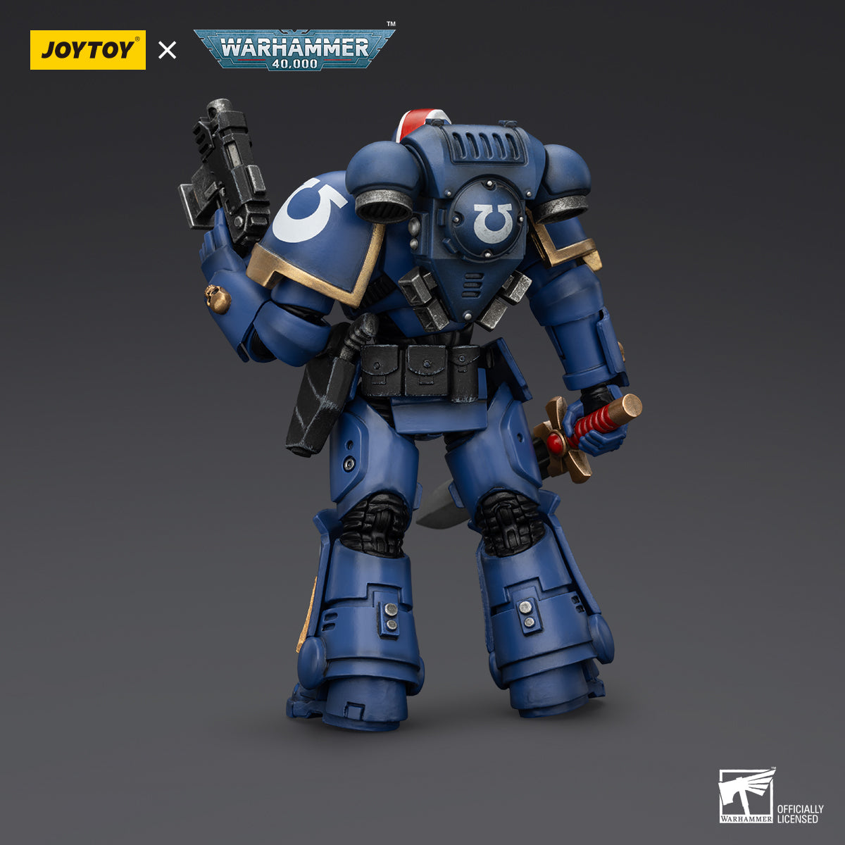 Back view of Ultramarines Primaris Lieutenant Erastus, showcasing his robust power pack and the intricate detailing of his armor's back.