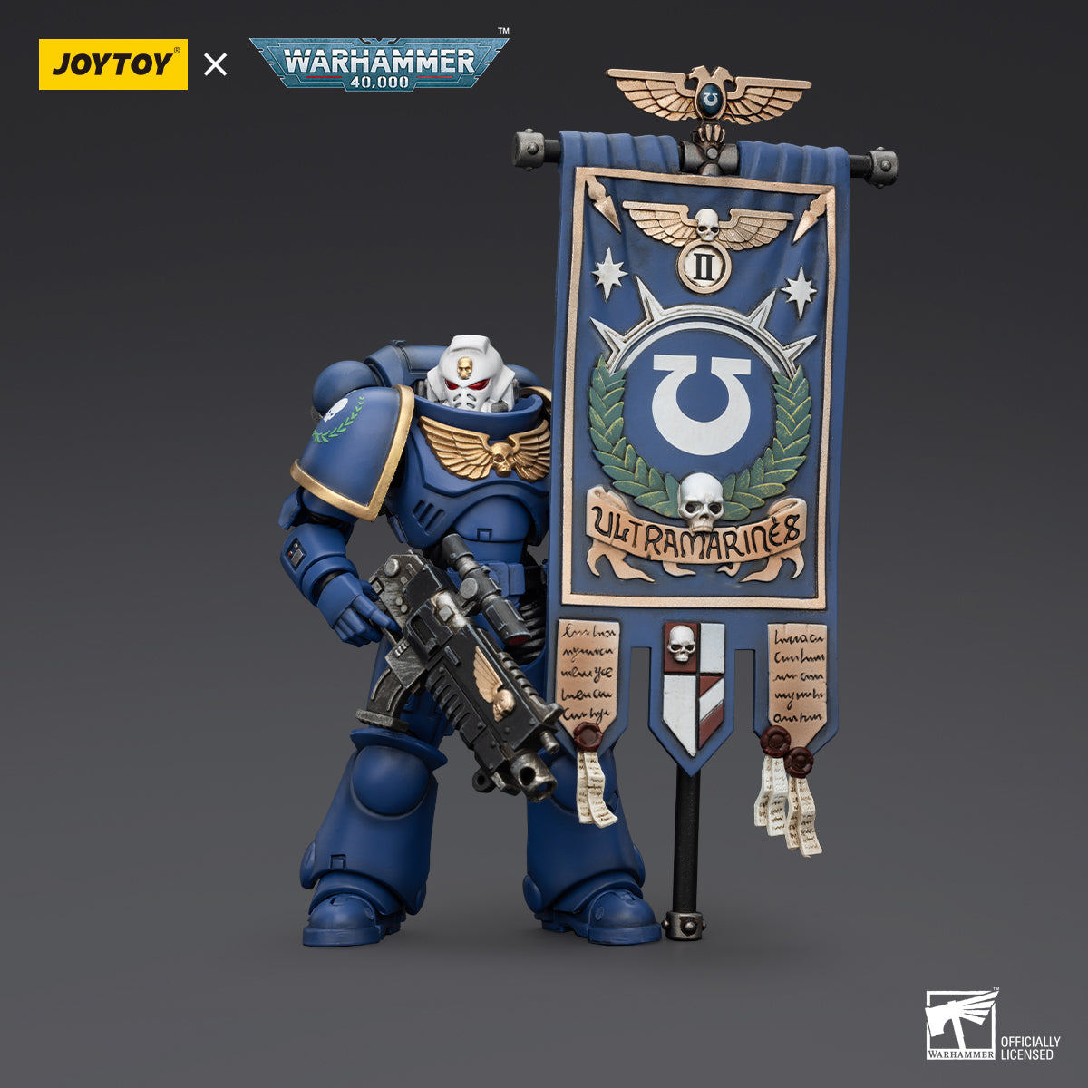 Ultramarines Primaris Ancient Posca, viewed from the front. The figure stands proudly, with the Primaris Ancient's distinctive wargear and Ultramarine blue armor adorned with gold trim and the chapter's heraldry.
