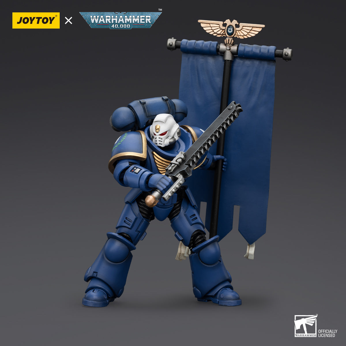 Ultramarines Primaris Ancient Posca in combat-ready pose, proudly holding the banner high while preparing to lead his brothers into battle.