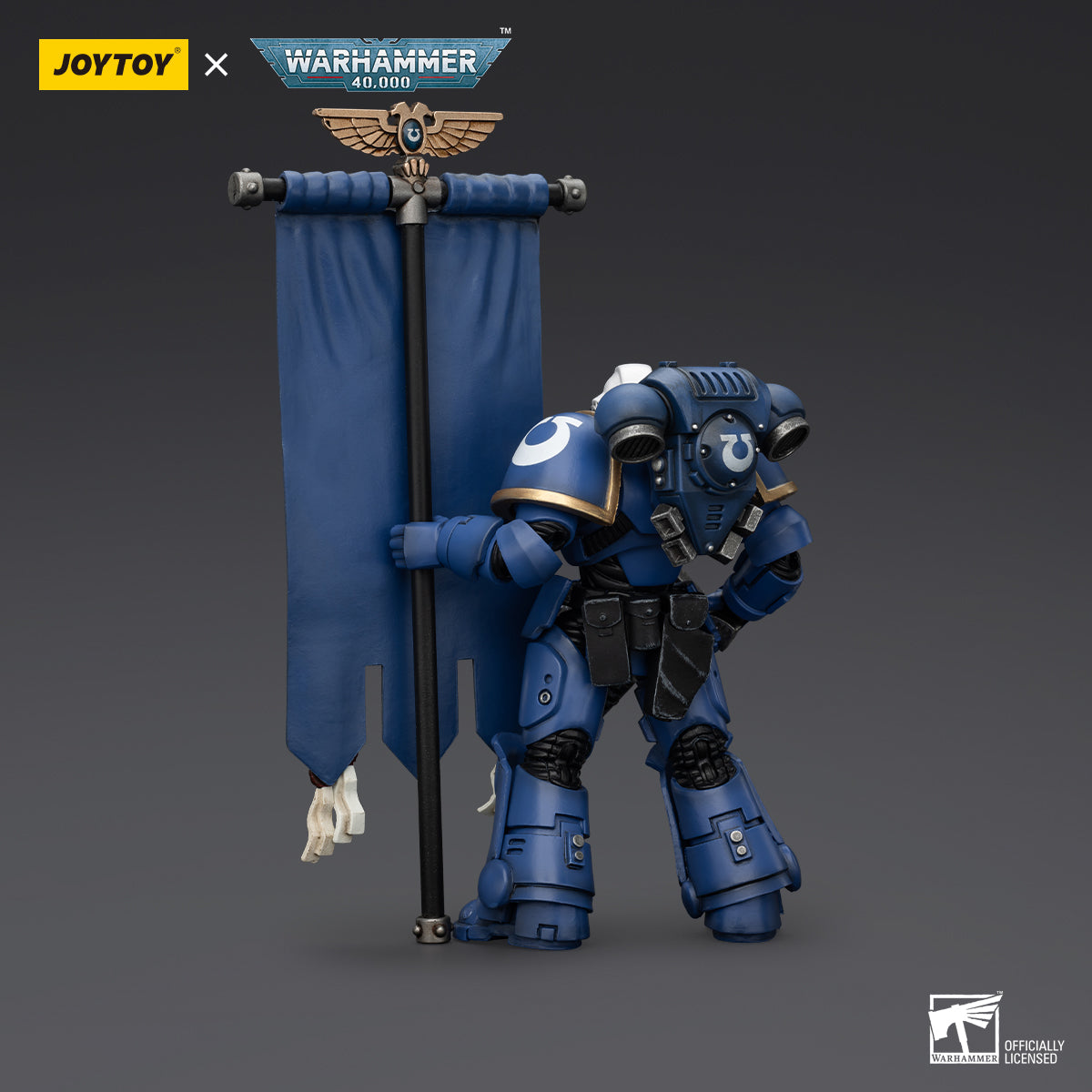 Back view of Ultramarines Primaris Ancient Posca, showcasing the detailed backpack and banner pole. The model’s back features intricate power pack design and reinforced armor plating, crucial for the durability of a warrior in battle.