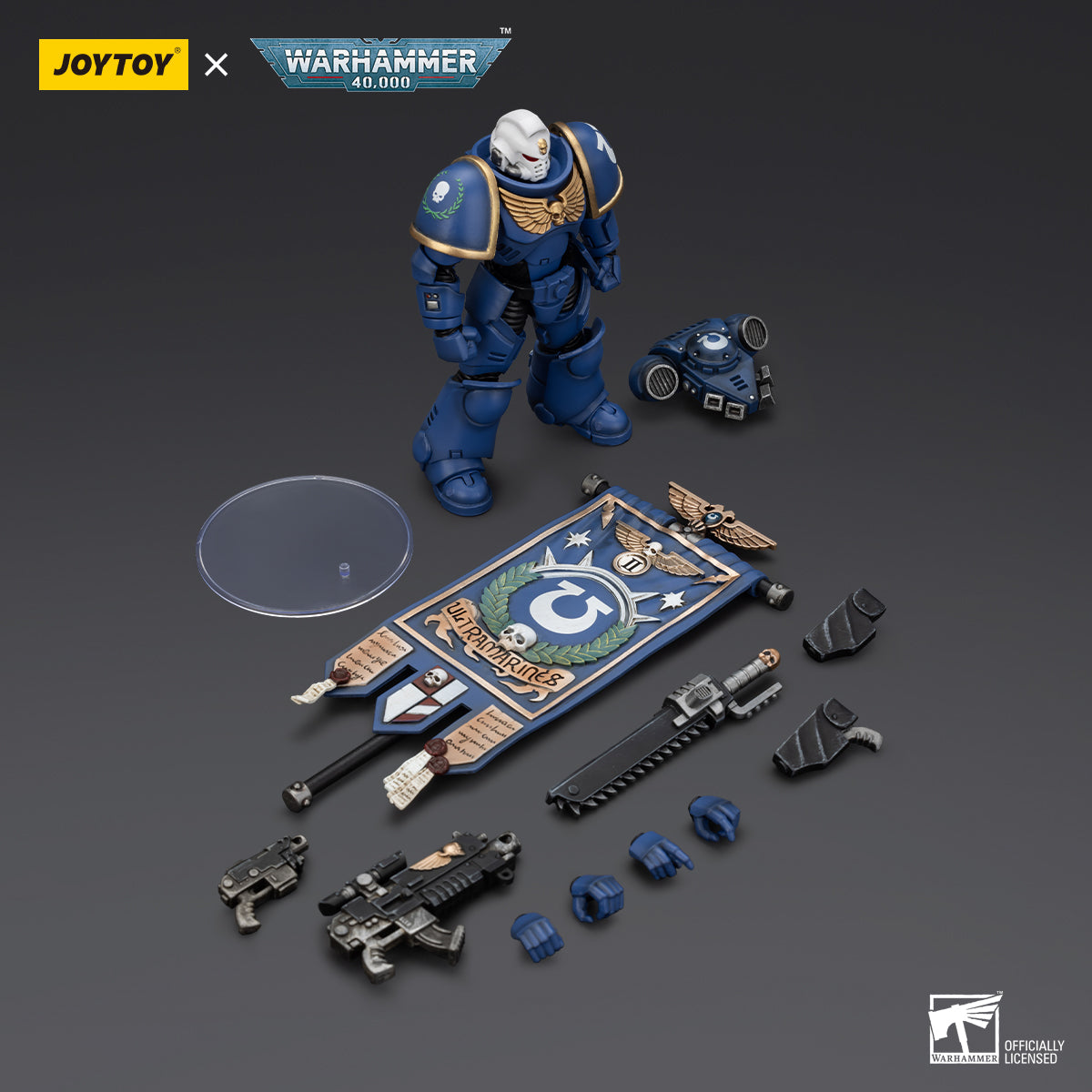 Contents of the Ultramarines Primaris Ancient Posca set, including the main figure, banner pole, detailed Ultramarines power armor components, and additional accessories for assembly.