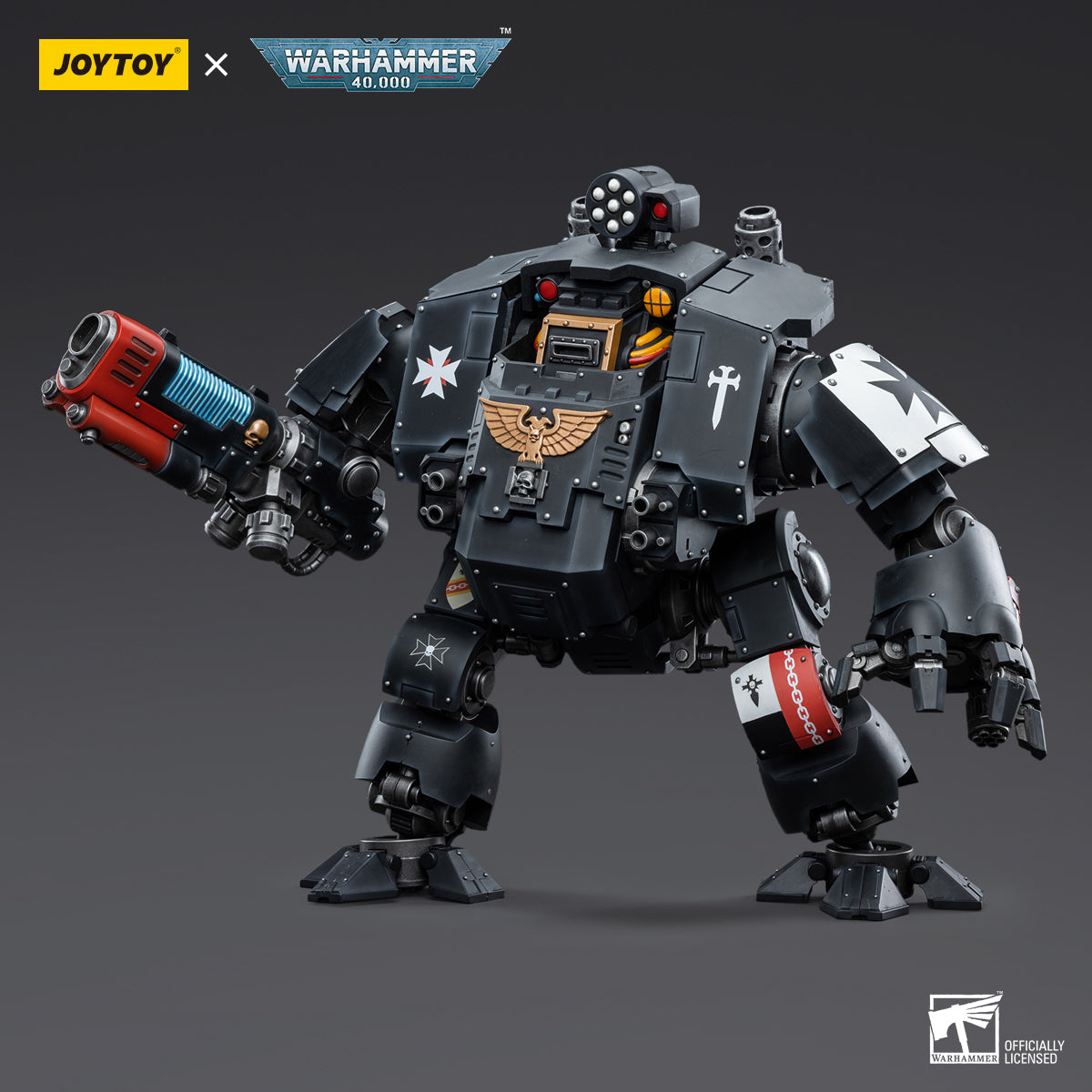 Black Templars Redemptor Dreadnought action figure side view, emphasizing the intricate design of its heavily armored legs, massive shoulder pads, and advanced weaponry, perfect for any battle-ready display.