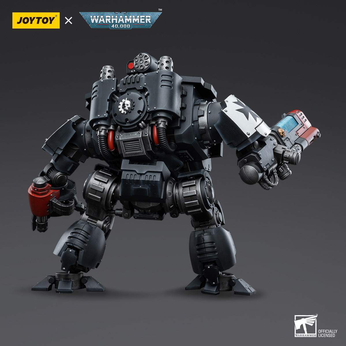 Black Templars Redemptor Dreadnought action figure back view, highlighting the mechanical detail of the Dreadnought's rear armor, thrusters, and additional battle equipment, showcasing its formidable presence from all angles.