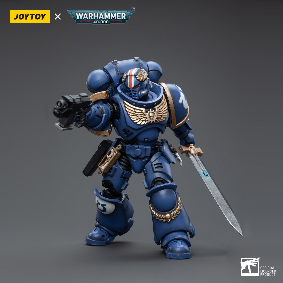 Ultramarines Primaris Lieutenant Argaranthe action figure in dynamic battle stance, holding a gun in his right hand and a sword in his left hand. The figure showcases detailed Ultramarines armor and weaponry, highlighting his combat readiness and tactical prowess