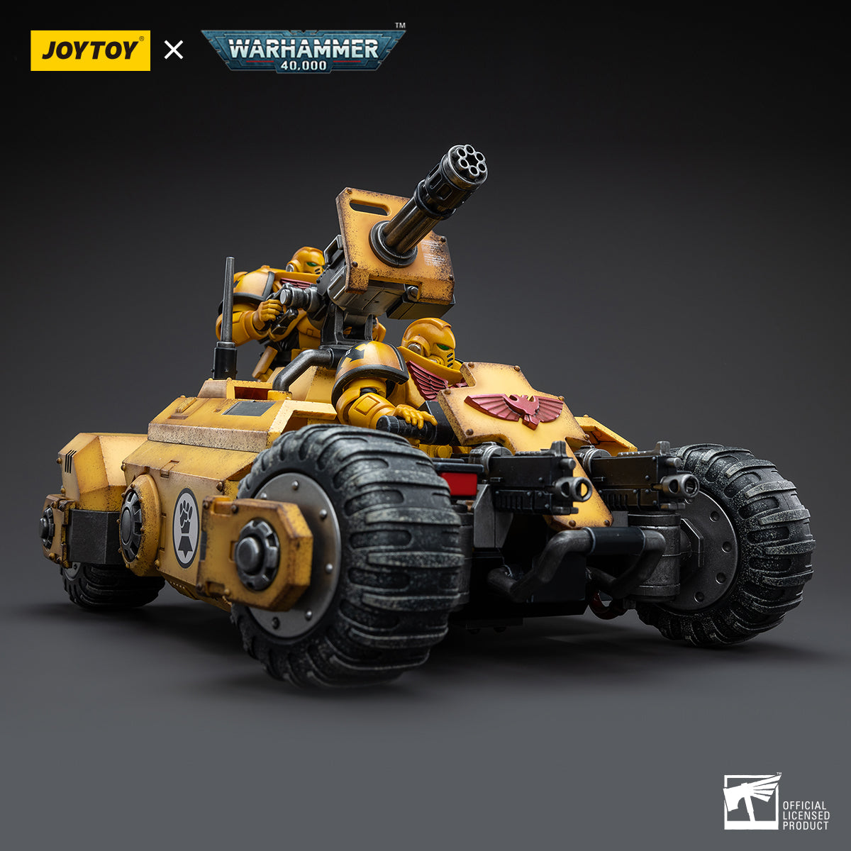 Side view of Imperial Fists soldier in combat stance on the Primaris Invader ATV. The soldier is positioned behind the controls, with their armor details clearly visible and the ATV’s rugged design in focus.