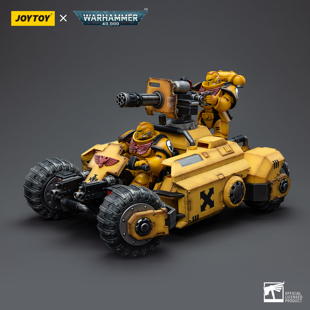 Side view of Imperial Fists soldier in combat stance on the Primaris Invader ATV. The soldier is positioned behind the controls, with their armor details clearly visible and the ATV’s rugged design in focus.