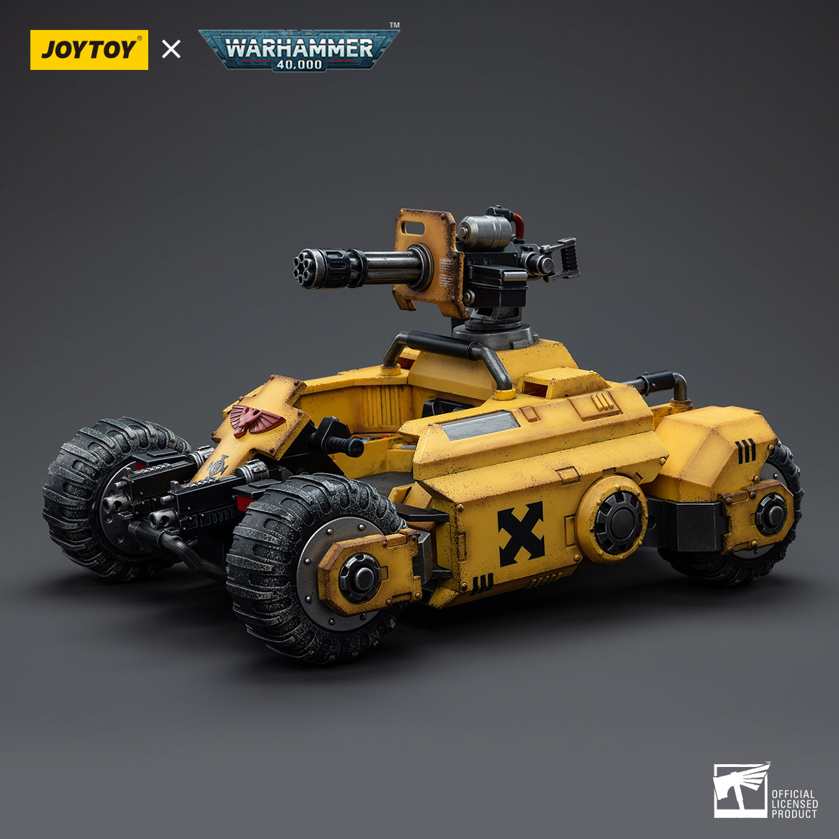 Side view of Imperial Fists Primaris Invader ATV, showcasing the sleek design and heavy armor of the vehicle.