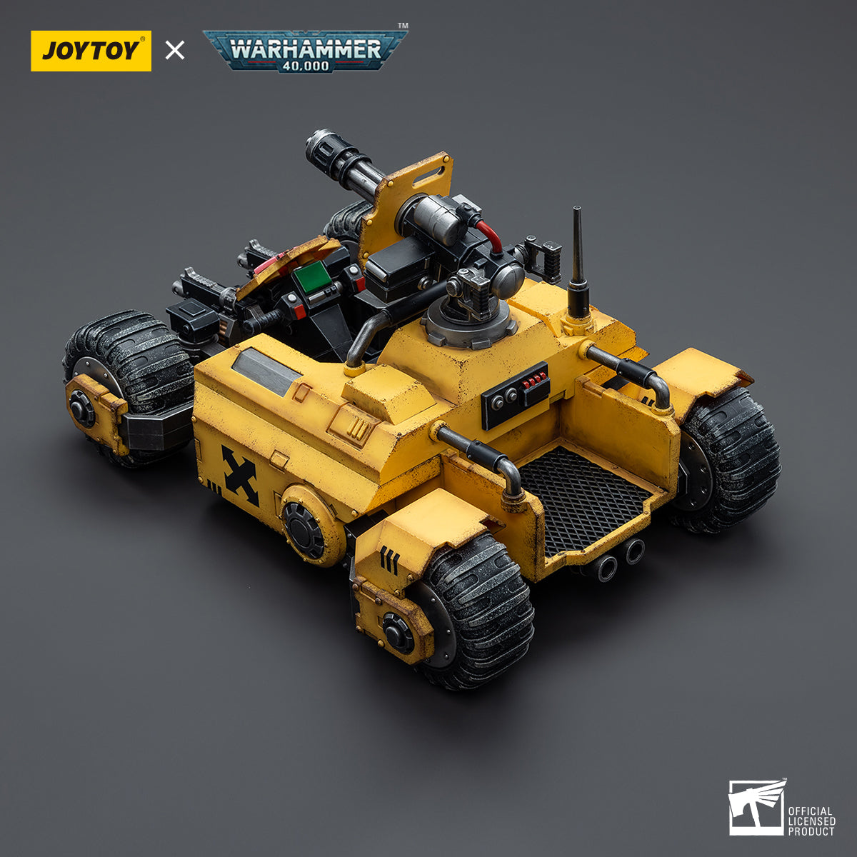 Side view of Imperial Fists Primaris Invader ATV, showcasing the sleek design and heavy armor of the vehicle.