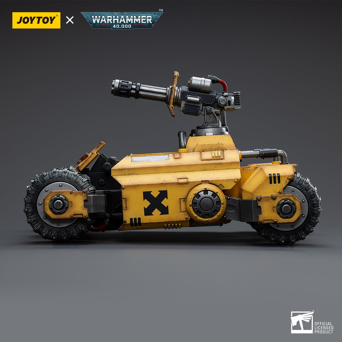 Side view of Imperial Fists Primaris Invader ATV, showcasing the sleek design and heavy armor of the vehicle.