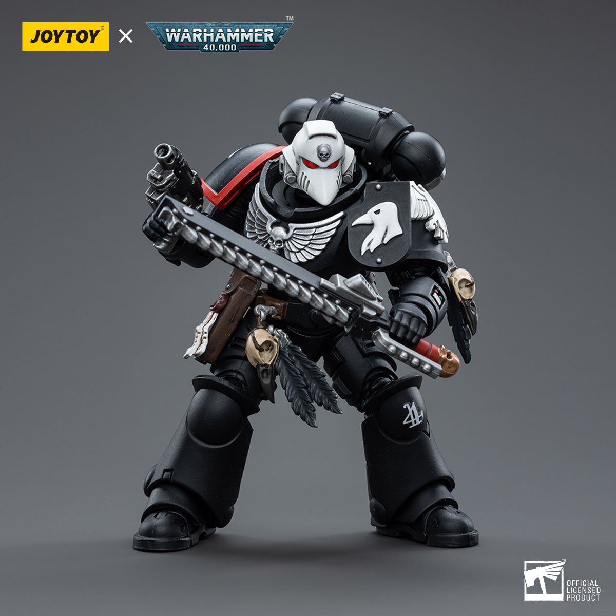 Raven Guard Intercessors Sergeant Rychas action figure side view, highlighting the intricate design of his armor, weapon placement, and distinctive Raven Guard details, emphasizing his readiness for combat.
