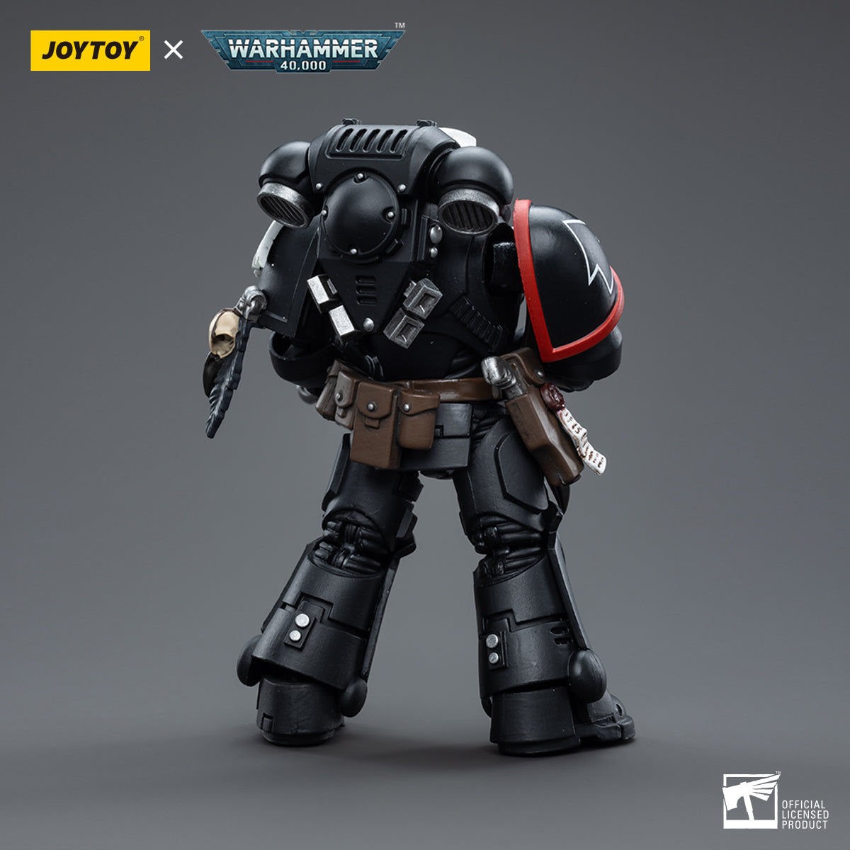 Raven Guard Intercessors Sergeant Rychas action figure back view, focusing on the fine sculpting of his back armor, battle gear, and the details of his backpack and tactical elements.
