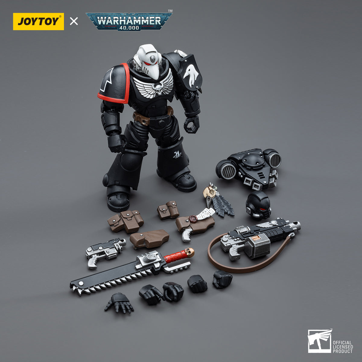 Contents of Raven Guard Intercessors Sergeant Rychas package, including the action figure, interchangeable hands, weaponry, and accessories, all neatly packed for display or customization.