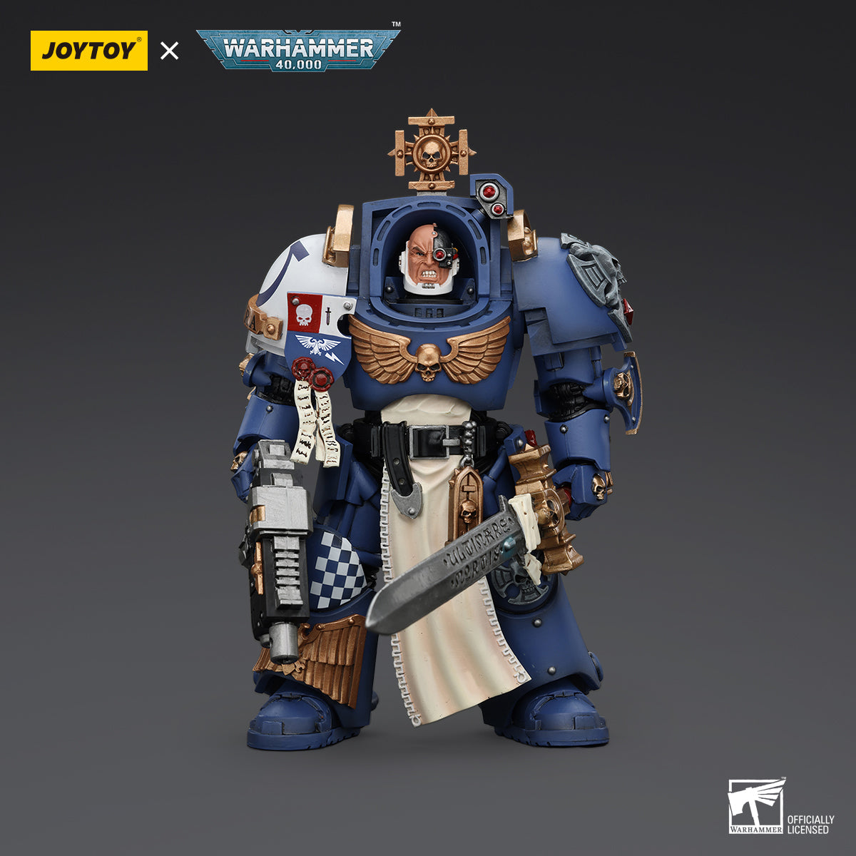 Ultramarines Captain in Terminator Armour, front view. Powerful Terminator armor with Ultramarines Chapter insignia and intricate detailing.