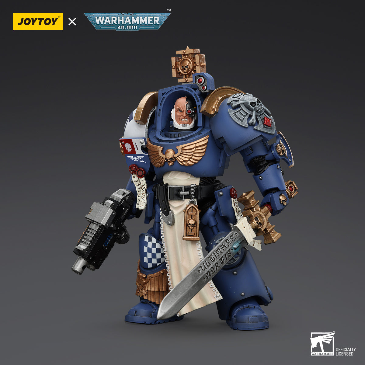 Side view of Ultramarines Captain in Terminator Armor, showcasing the armored profile and weapon placement.