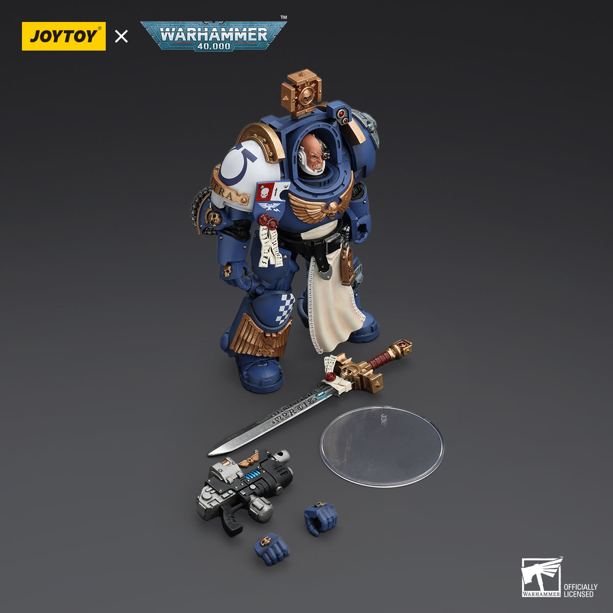 Package contents for Ultramarines Captain in Terminator Armour, including the figure, power sword, storm bolter, interchangeable hands, and additional accessories.