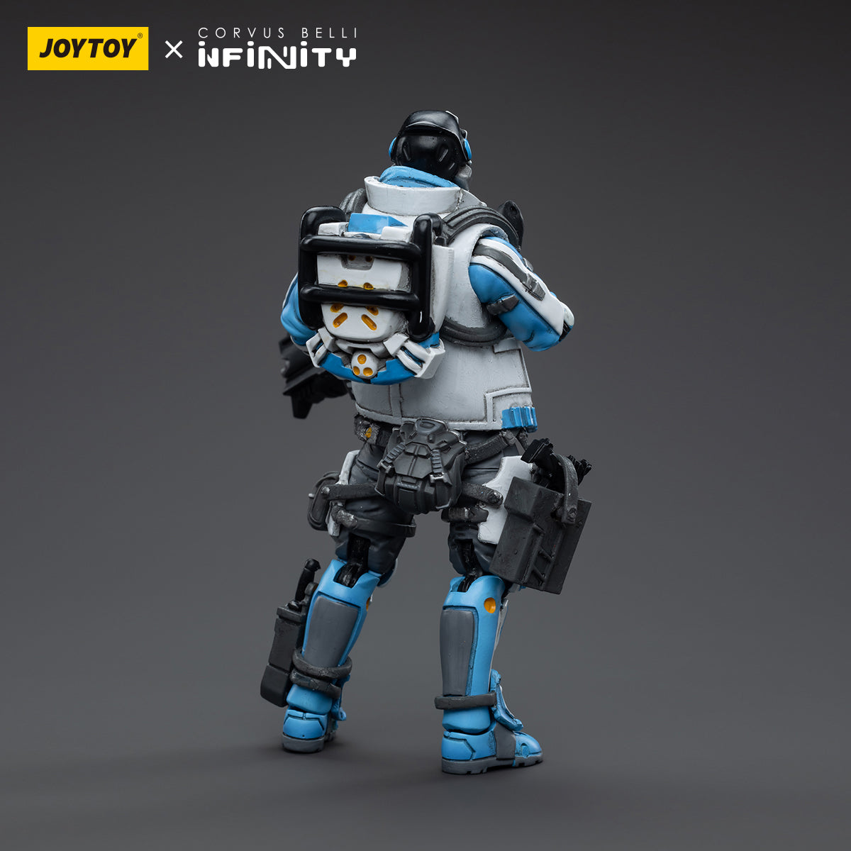 Back view of the PanOceania Nokken Special Intervention and Recon Team Soldier (Male), highlighting the soldier's tactical backpack and additional reconnaissance equipment.