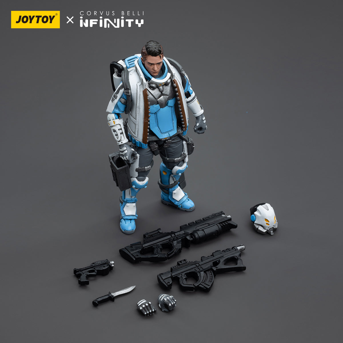Package contents for PanOceania Nokken Special Intervention and Recon Team Soldier (Male), including the detailed miniature of the soldier in tactical combat suit, advanced rifle, helmet with visor, and specialized reconnaissance gear.