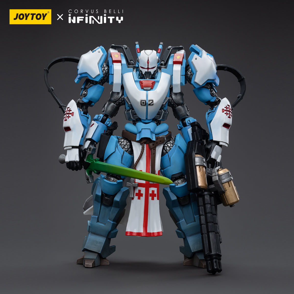 PanOceania Knight of the Holy Sepulchre, fully armored in ornate plate armor, adorned with holy symbols and intricate detailing. The knight stands proud with a large, heraldic shield bearing the emblem of the Holy Sepulchre and a mighty sword held forward.