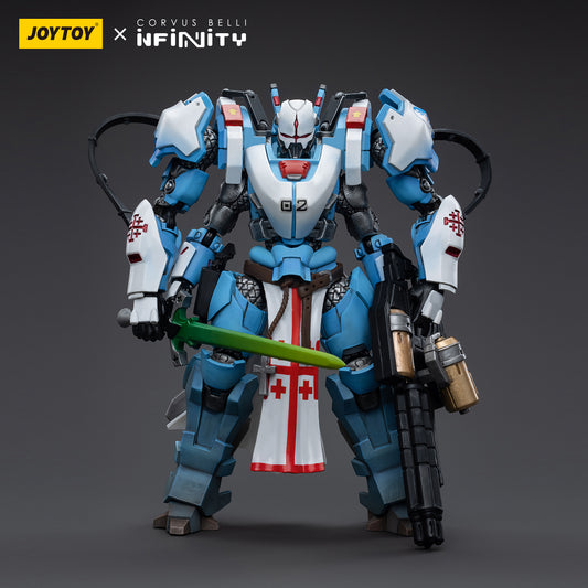 PanOceania Knight of the Holy Sepulchre, fully armored in ornate plate armor, adorned with holy symbols and intricate detailing. The knight stands proud with a large, heraldic shield bearing the emblem of the Holy Sepulchre and a mighty sword held forward.